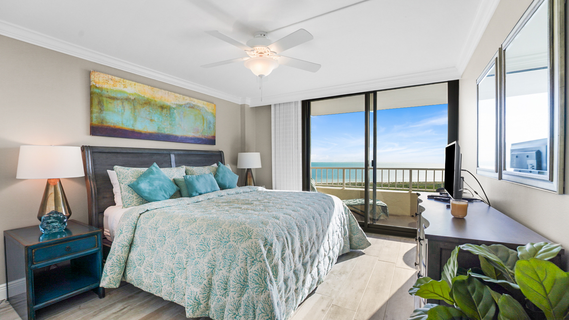 Bright coastal living room of a waterfront Marco Island home photographed for a listing